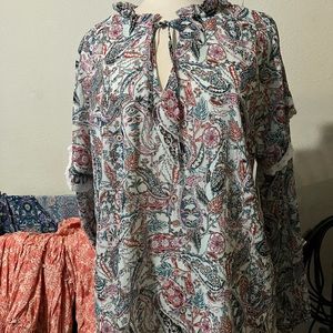 Aqua Blue and Pink Ruffled Tie Front Blouse